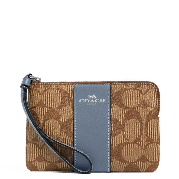Coach Handbags - Coach Corner Zip Wristlet In Signature Canvas Khaki / Marble Blue